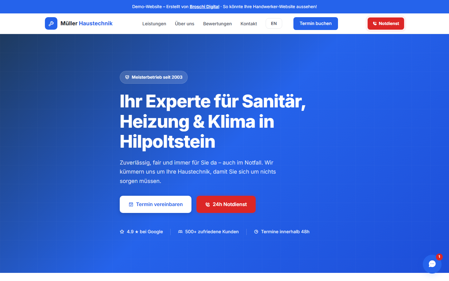 Webseite mit Chat-Knopf unten rechts