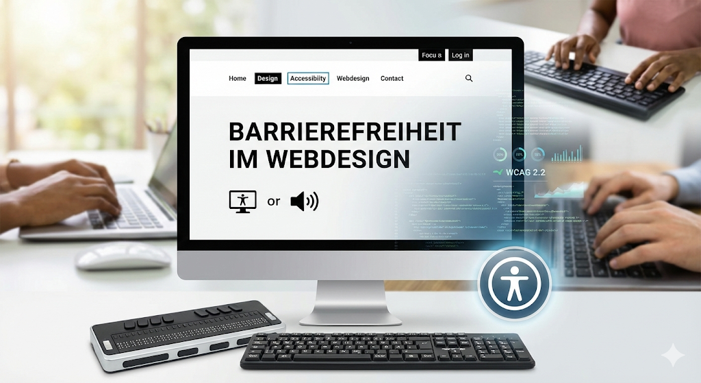 Barrierefreiheit im Webdesign: Monitor mit WCAG 2.2, Braille-Display, Tastatur und Accessibility-Symbol.
